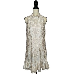 Eliza J cream velvet jacquard overlay mock neck sleeveless shift dress sz 10